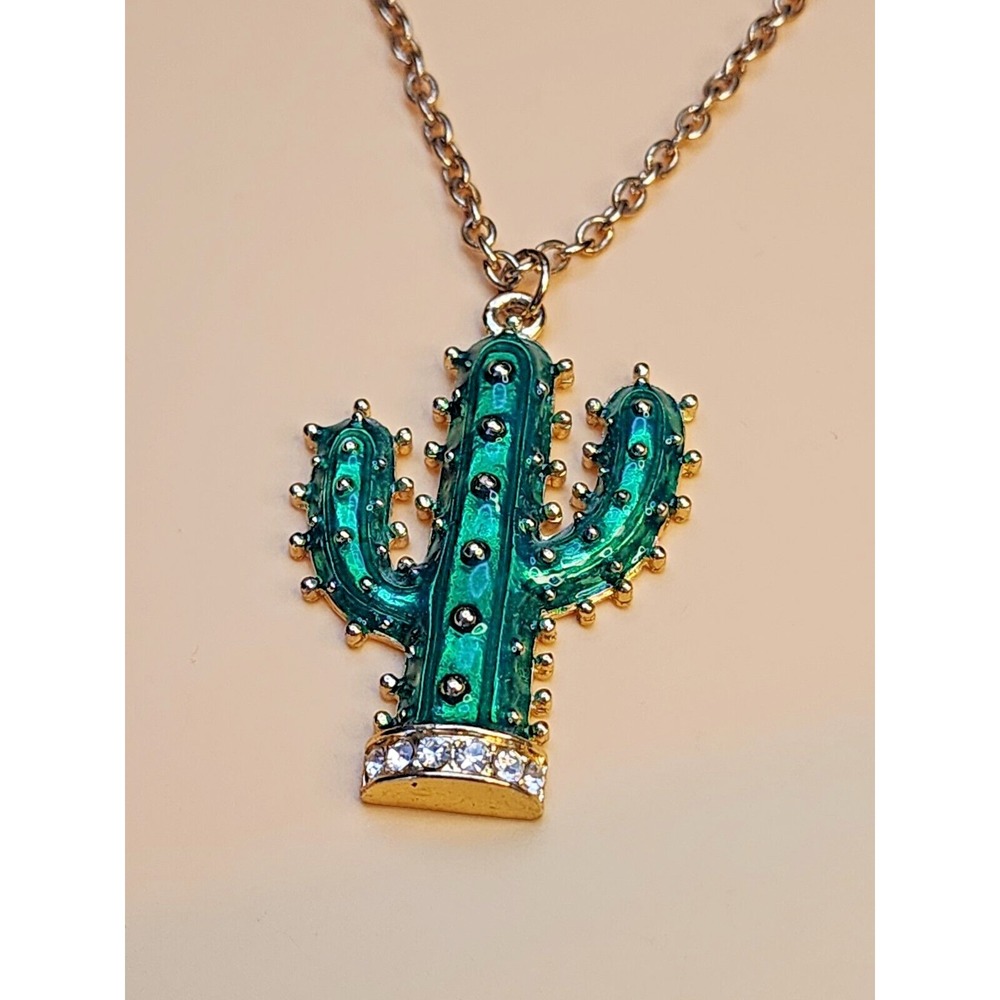 New ZAD Signed Cactus Green Enamel Necklace Gold Tone W Crystals 19" FREE SHIP!